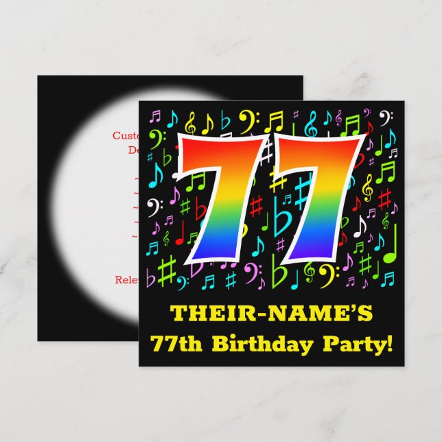 Invitation 77e fête d'anniversaire : Symboles de musique amus (Devant / Derrière)