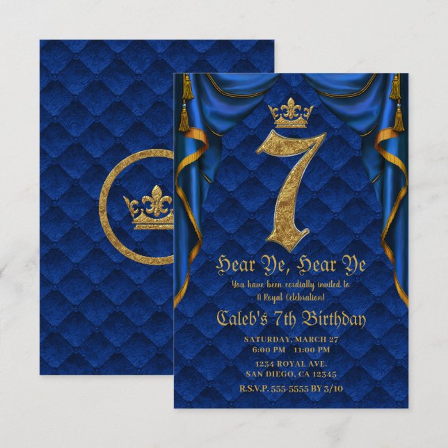Invitation 7E 7 Anniversaire Fête Royal Blue Gold Crown (Devant / Derrière)