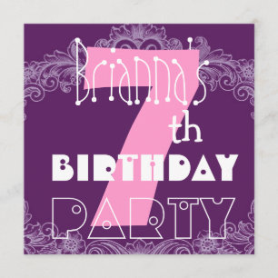 Invitation 7e anniversaire, grand numéro rose et violet pour 