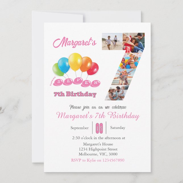 Invitation 7e anniversaire photo collage numéro 7 Fille (Devant)