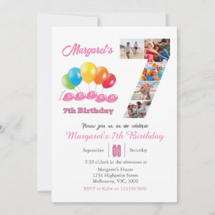 Invitation 7e anniversaire photo collage numéro 7 Fille