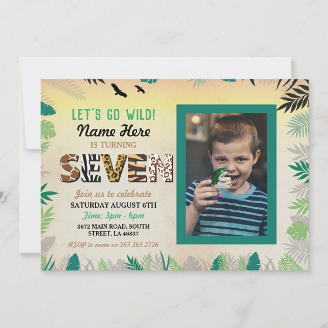 Invitation 7ème Fête d'anniversaire Wild Sept Safari ZOO Phot (Devant)