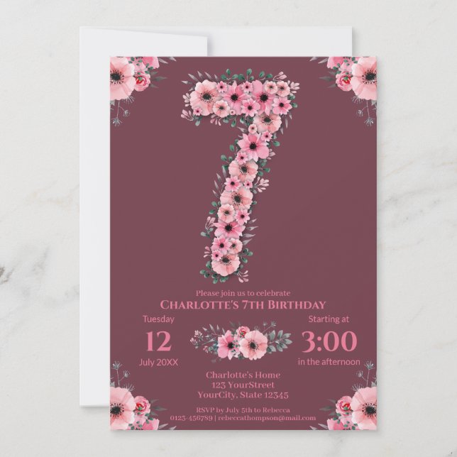 Invitation 7ème Grosse Fille Anniversaire Fleurs roses Lieux  (Devant)