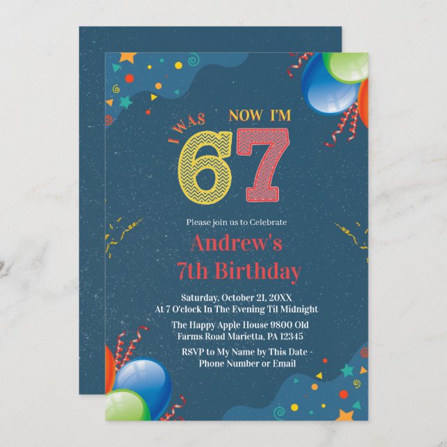 Invitation 7th Birthday I Was 6 Now I’m 7 custom (Devant / Derrière)