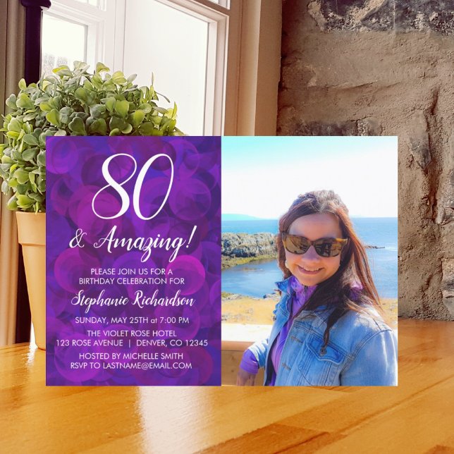 Invitation 80 et Extraordinaire Elegant Purple Photo Annivers (Créateur téléchargé)
