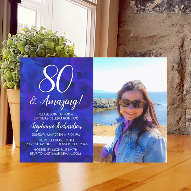 Invitation 80 et Extraordinaire Elegant Royal Blue Photo Anni (Créateur téléchargé)