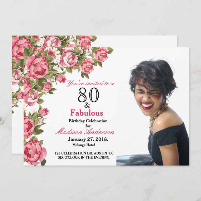 Invitation 80 et fabuleux floral | 80e anniversaire Invitatio (Devant / Derrière)