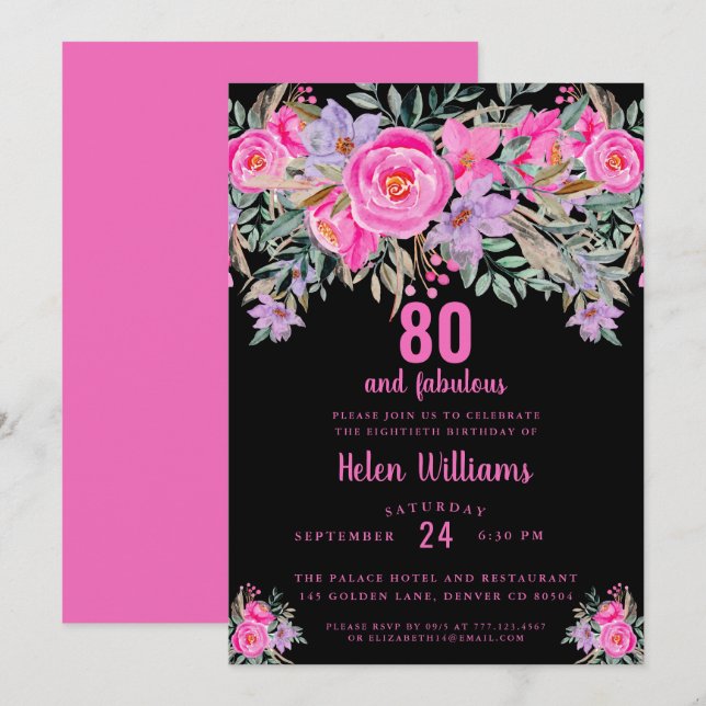 Invitation 80 et fabuleux noir rose 80e anniversaire (Devant / Derrière)