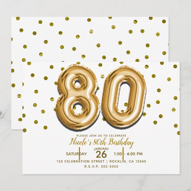 Invitation 80 Gold Balloons & Confetti 80e fête d'anniversair (Devant / Derrière)