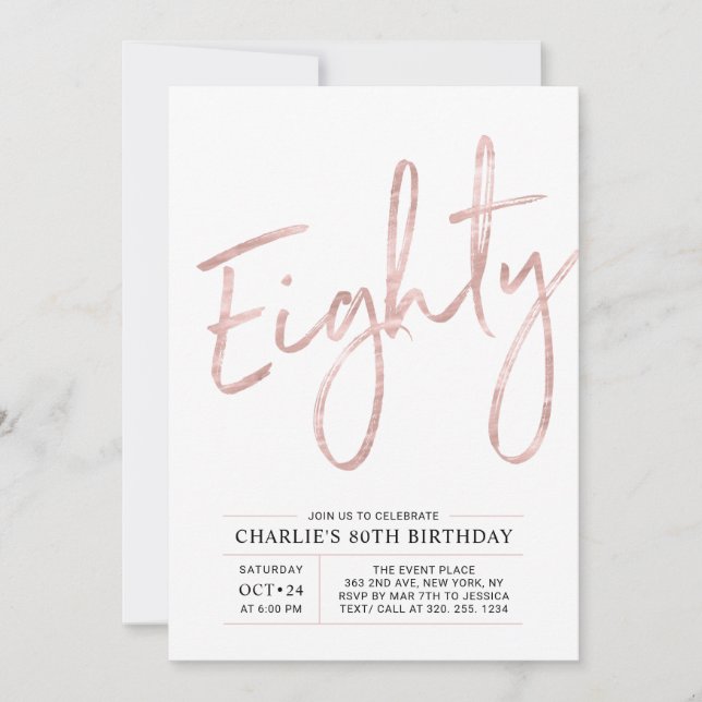 Invitation 80 | Rose moderne Gold 80th Birthday Party (Devant)