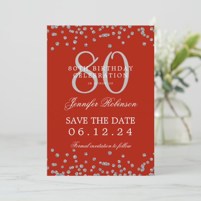 Invitation 80e anniversaire Argent Date de sauvegarde Confett (Debout devant)