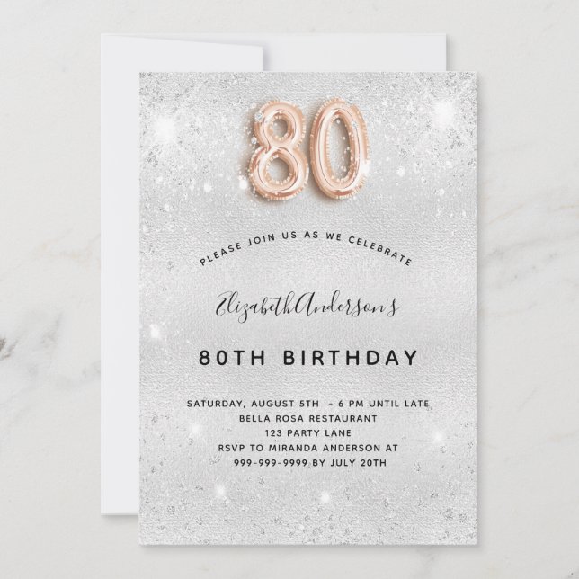 Invitation 80e anniversaire argent métal rose or parties scin (Devant)