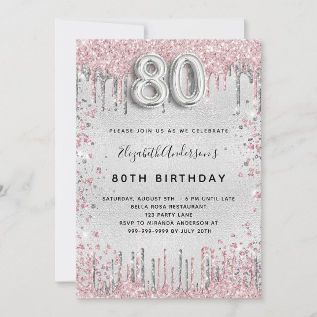 Invitation 80e anniversaire argent rose parties scintillant p (Devant)