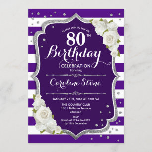 Invitation 80e anniversaire - Argent violet blanc rayures Ros