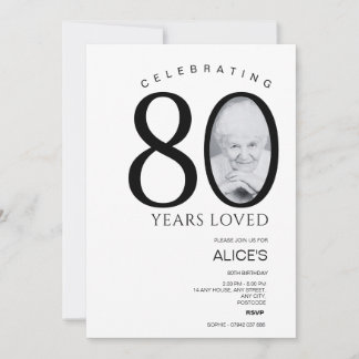 Invitation 80e anniversaire avec photo en nombre, noir & blan
