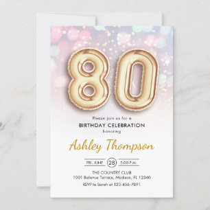 Invitation 80e anniversaire - Ballons d'or Lumières rose