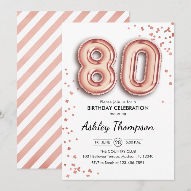 Invitation 80e anniversaire - Ballons d'or Rose (Devant / Derrière)