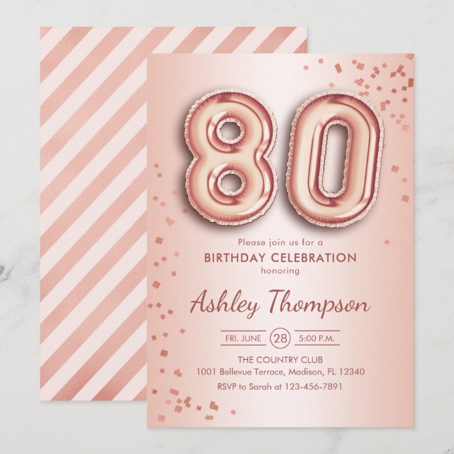 Invitation 80e anniversaire - Ballons d'or Rose (Devant / Derrière)