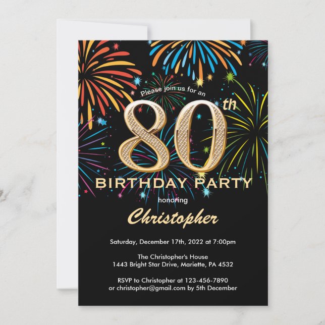 Invitation 80e anniversaire Black and Gold Rainbow Fireworks (Devant)