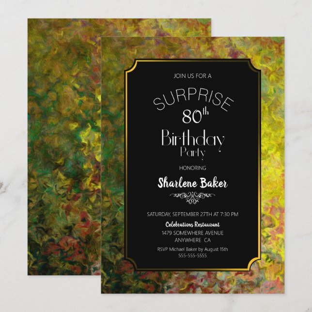 Invitation 80e anniversaire Black and Gold Surprise Party (Devant / Derrière)