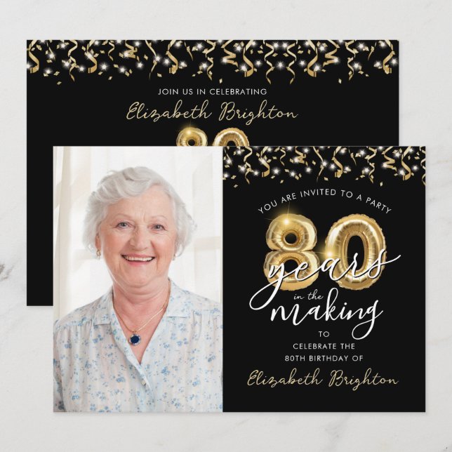 Invitation 80e anniversaire Black Gold Ballons One photo (Devant / Derrière)