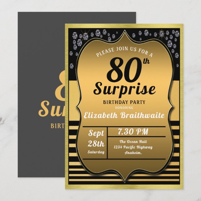 Invitation 80e anniversaire Black Gold Surprise Party (Devant / Derrière)