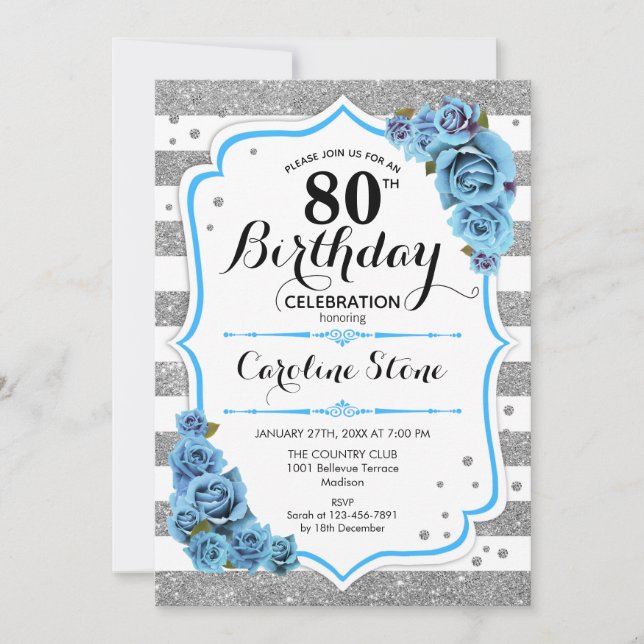 Invitation 80e anniversaire - Bleu Silver White Stripes (Devant)