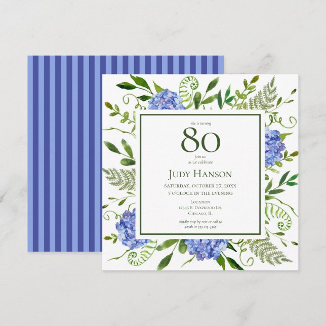 Invitation 80e anniversaire Blue Hydrangeas (Devant / Derrière)