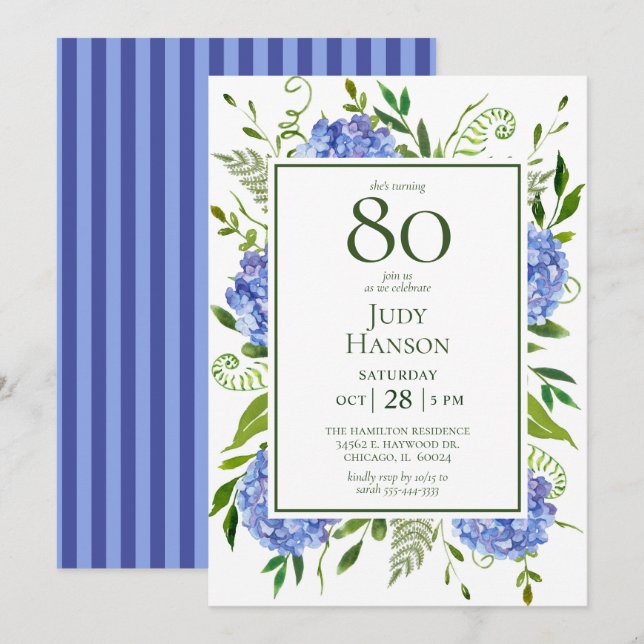 Invitation 80e anniversaire Blue Hydrangeas (Devant / Derrière)