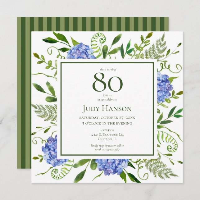 Invitation 80e anniversaire Blue Hydrangeas (Devant / Derrière)
