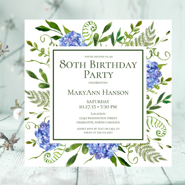 Invitation 80e anniversaire Blue Hydrangeas Floral Aquarelle (Créateur téléchargé)