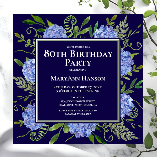 Invitation 80e anniversaire Blue Hydrangeas Floral Aquarelle (Créateur téléchargé)