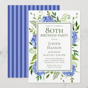 Invitation 80e anniversaire Blue Hydrangeas Surprise Party