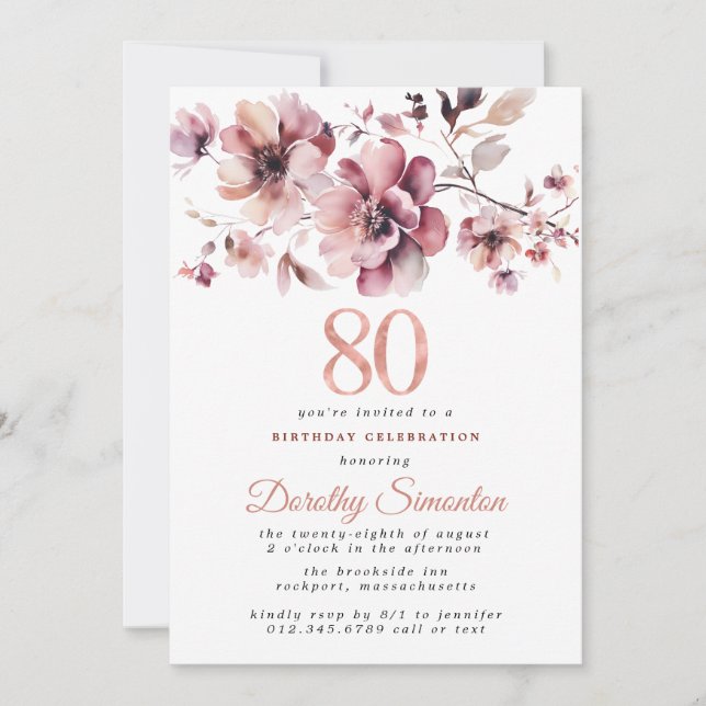 Invitation 80e anniversaire Bourgogne Dusty Blush rose floral (Devant)