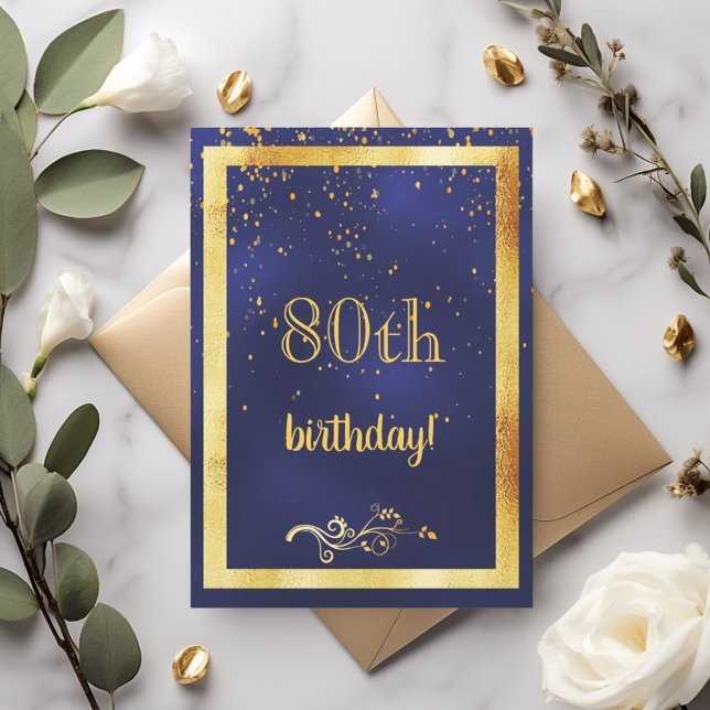 Invitation 80e anniversaire cadre or de fête bleu (Créateur téléchargé)