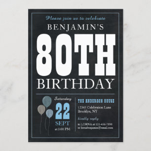 Invitation 80e anniversaire Chalkboard Blue Balloon Rustic Ch