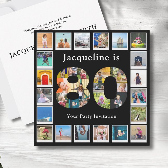 Invitation 80e anniversaire Conception de votre propre photo  (Personalized 80th birthday invitations with photo collage template.)