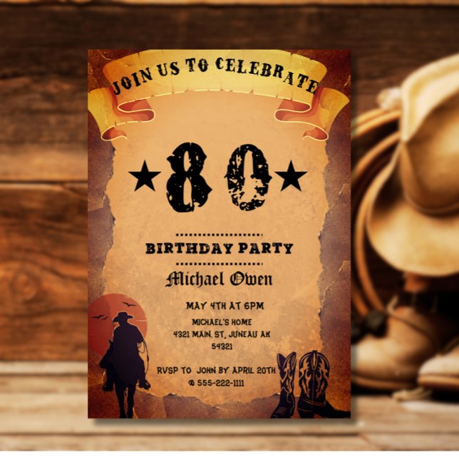Invitation 80e anniversaire cowboy vieux papier cheval cheval (Créateur téléchargé)