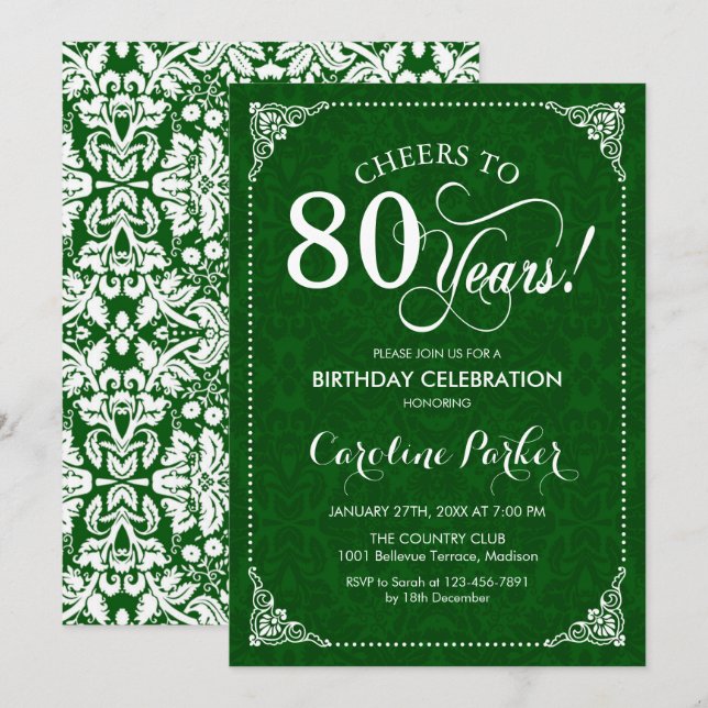 Invitation 80e anniversaire - Damas vert (Devant / Derrière)