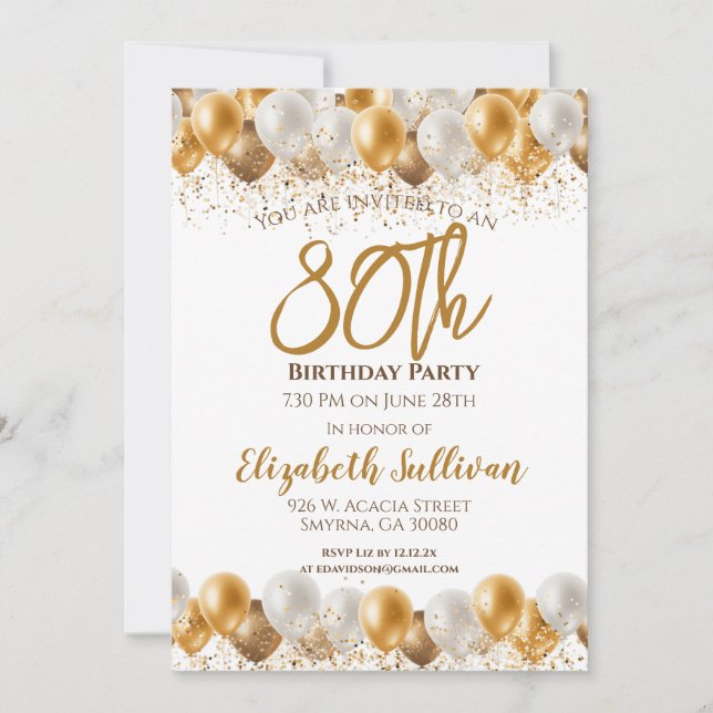 Invitation 80e Anniversaire de la fête d'or Ballons (Devant)