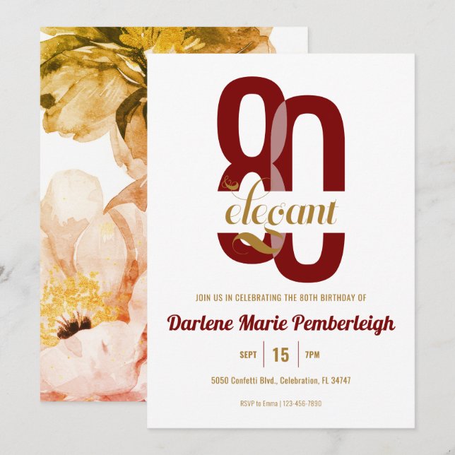 Invitation 80e anniversaire de la florale d'or rouge 80e (Devant / Derrière)