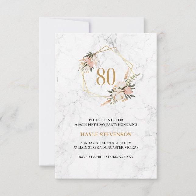 Invitation 80e anniversaire Elégant Marbre blanc floral rose (Devant)