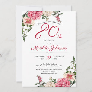 Invitation 80e anniversaire Elégante Floral Rose Red Custom P
