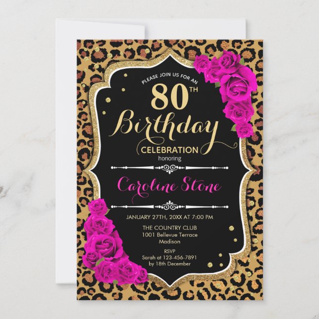 Invitation 80e anniversaire - Empreinte de léopard Roses rose (Devant)