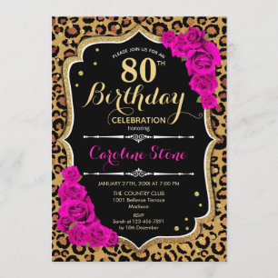 Invitation 80e anniversaire - Empreinte de léopard Roses rose