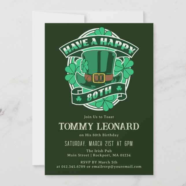 Invitation 80e anniversaire fête Leprechaun Casquette Shamroc (Devant)