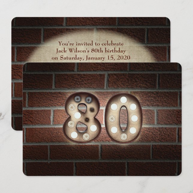 Invitation 80e anniversaire Fête-marquee lumières sur brique (Devant / Derrière)