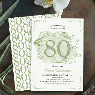 Invitation 80e Anniversaire Fleur Sauvage Délicate Verte Numé