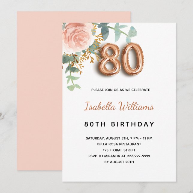 Invitation 80e anniversaire fleuri rose or eucalyptus vert (Devant / Derrière)