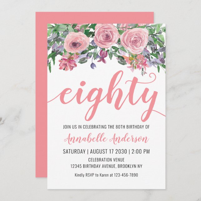 Invitation 80e anniversaire Floral Blush Rose Aquarelle Rusti (Devant / Derrière)